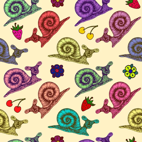 Colorful Snail Cartoon Character Flowers Berries Outline Doodle Seamless Pattern — Stock Photo, Image