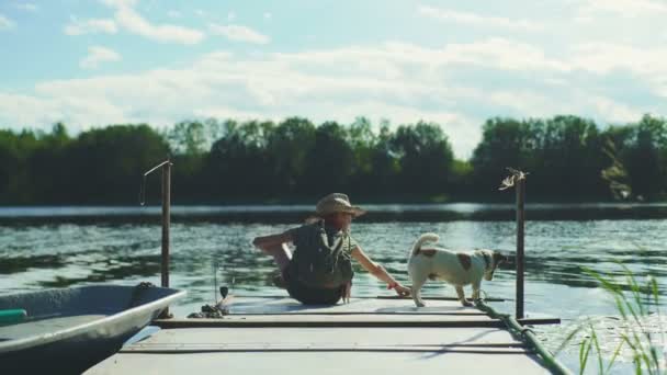Young Happy Boy Wooden Landing Stage Small Dog — Stock Video