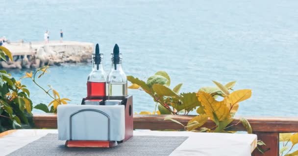 Summer empty open air restaraunt near sea at summer — Stock Footage Summer Empty Open Air Restaraunt Sea Summer Stock Video