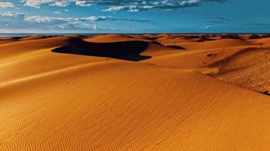 Büyük Kanarya Çölü boyunca uzanan altın kum tepeleri parlak gökyüzünün altında uzun gölgeler oluşturur. Sahne, adanın eşsiz topoğrafyası ve doğal güzelliğini gözler önüne seriyor..