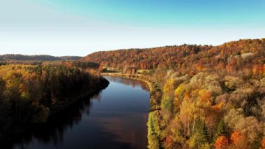 Parlak sonbahar yaprakları, sakin bir nehrin çevresini sarar ve sonbahar boyunca doğanın güzelliğini gözler önüne serer..