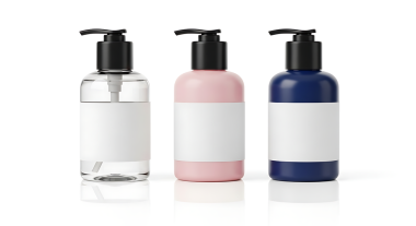 Travel cosmetic pump bottles mockup set in transparent, pink, and navy colors. Perfect for skincare branding, product design, packaging presentation, and beauty product showcases.