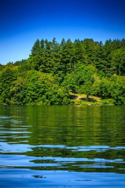 La Ravire Gölü manzarası sabahın erken saatlerinde Fransa 'nın güneyinde. Occitanie 'de ormanla çevrili sakin su.