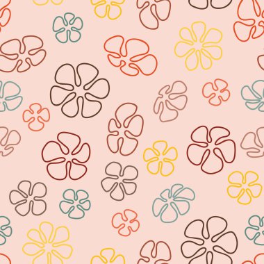 Bir retro renk paleti bu 1970 'lerin çizgi sanat çiçeklerini pastel turuncu arka planda serpiştirir ev dekorasyonu, yorgan ve giysi kumaşları ya da kağıt ürünleri için harika, rahat ve pürüzsüz bir baskı yaratır..
