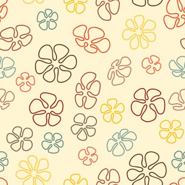 Bir retro renk paleti bu 1970 'lerin çizgi sanat çiçeklerini tereyağı sarısı arka planda serpiştirir. Ev dekorasyonu, yorgan ve giysi kumaşları veya kağıt ürünleri için harika, sade bir baskı yaratır..