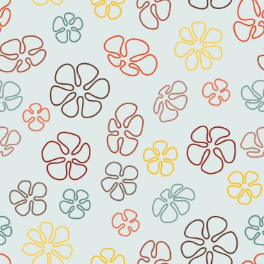 Bir retro renk paleti bu 1970 'lerin çizgi sanat çiçeklerini pastel bir deniz mavisi arkaplanına serpiştirir ev dekorasyonu, yorgan ve giysi kumaşları ya da kağıt ürünleri için harika, rahat ve pürüzsüz bir baskı yaratır..