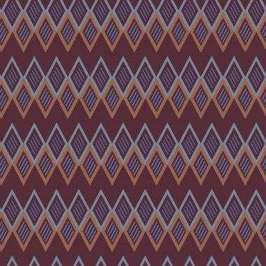 Koyu renkli çöl renklerinde sivri uçlu yatay çizgileri gösteren geometrik bir elmas tasarımı ev dekorasyonu, yorgan ve giysi kumaşları veya kağıt ürünleri için mükemmel bir iz bırakıyor..