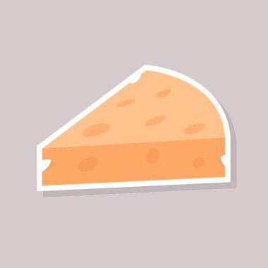 Çizgi film peynir dilimi çıkartması. Gıda temalı tasarımlar, eğitim materyalleri, tarif uygulamaları veya etiket paketleri için geçmişe dönük cazibeye sahip oyuncu süt ikonu