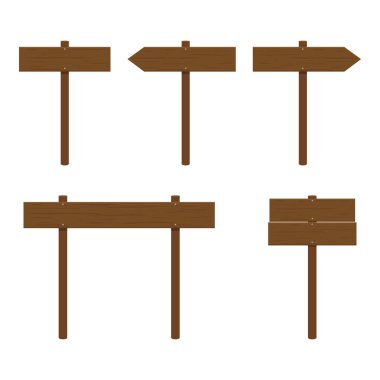 Şeffaf arka planda Rustik tahta tabela seti. Yol bulma, hikaye anlatma veya UI ögeleri için vektör yönlü oklar ve bilgilendirme panoları