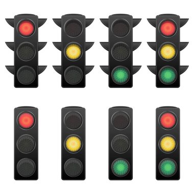 Şeffaf arkaplanda trafik ışığı sinyali ayarlandı. Yol güvenliği, sürüş kuralları, ulaşım sistemleri veya karar verme metaforlarıyla ilgili kavramların vektör illüstrasyonu