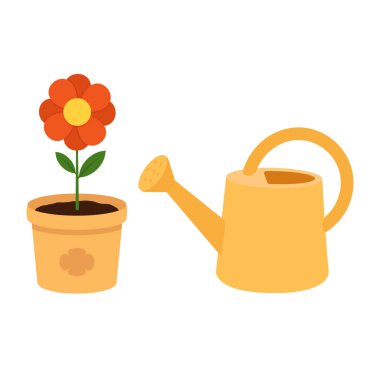 Parlak çiçek ve sulama beyazı izole edebilir. Bahçe işleri, büyüme, bakım ve sürdürülebilirlik temaları için minimalist illüstrasyon