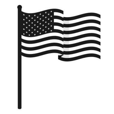 Şeffaf arka planda siyah beyaz Amerikan bayrağı sallıyor. Birleşik Devletler bayrağının vektör illüstrasyonu yuvarlak bir sonla dikey bir bayrak direğine monte edildi