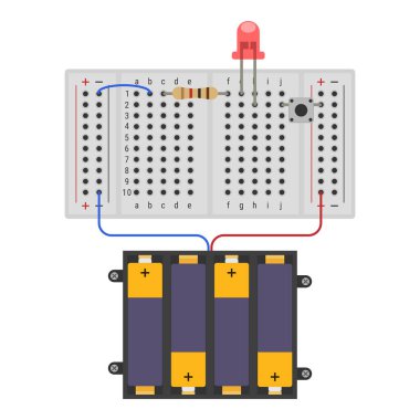 Ekmek tahtası devresi LED, direnç ve düğmeye basılı. Eğitim amaçlı DIY elektronik kurulumu, amatör deneyler veya acemi seviyesindeki elektronik kavramları resmetme