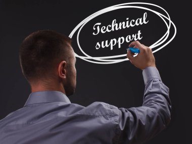 İş, teknoloji, Internet ve ağ kavramı. Genç işadamı gösteren Yazıt: teknik destek