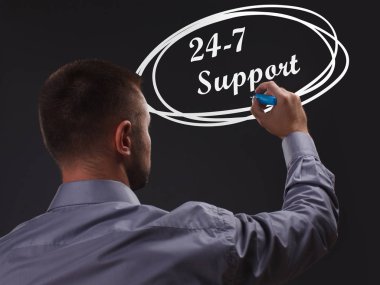 İş, teknoloji, Internet ve ağ kavramı. Genç işadamı gösteren Yazıt: 24-7 destek