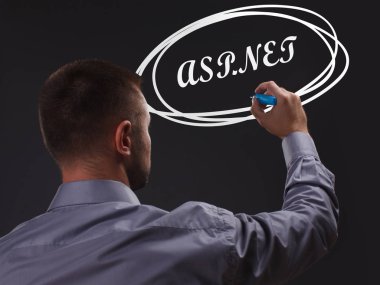 İş, teknoloji, Internet ve ağ kavramı. Genç işadamı gösteren Yazıt: Asp.Net