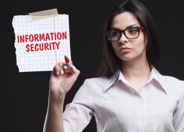 Pazarlama, teknoloji, Internet ve ağ kavramı. İş için önemli olan genç bir işadamı gösterir: bilgi güvenliği