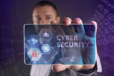 İş, teknoloji, Internet ve ağ kavramı. Geleceğin sanal bir ekranda çalışan genç bir girişimci ve yazıt görür: Cyber güvenlik