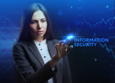 İş, teknoloji, Internet ve ağ kavramı. Geleceğin sanal bir ekranda çalışan genç bir girişimci ve yazıt görür: bilgi güvenliği