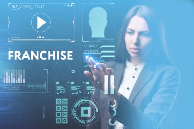 İş, teknoloji, Internet ve ağ kavramı. Geleceğin sanal bir ekranda çalışan genç bir girişimci ve yazıt görür: Franchise