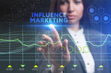 İş, teknoloji, Internet ve ağ kavramı. Geleceğin sanal bir ekranda çalışan genç bir girişimci ve yazıt görür: etkisi pazarlama