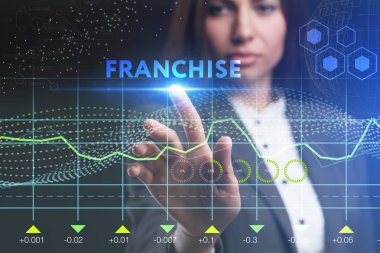 İş, teknoloji, Internet ve ağ kavramı. Geleceğin sanal bir ekranda çalışan genç bir girişimci ve yazıt görür: Franchise