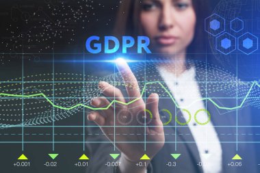 İş, teknoloji, Internet ve ağ kavramı. Geleceğin sanal bir ekranda çalışan genç bir girişimci ve yazıt görür: Gdpr