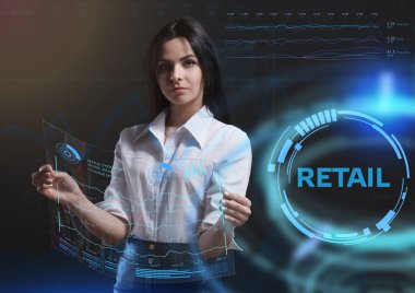 İş, teknoloji, internet ve şebeke kavramı. Geleceğin sanal ekranı üzerinde çalışan genç bir girişimci yazıyı görür: Perakende satış