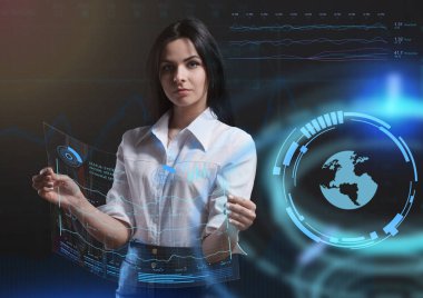 İş, teknoloji, Internet ve ağ kavramı. Geleceğin sanal bir ekranda çalışan genç bir girişimci ve yazıt görür: 