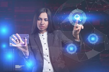 İş, teknoloji, Internet ve ağ kavramı. Geleceğin sanal bir ekranda çalışan genç bir girişimci ve yazıt görür: 