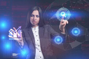 İş, teknoloji, Internet ve ağ kavramı. Geleceğin sanal bir ekranda çalışan genç bir girişimci ve yazıt görür: 