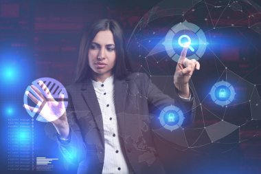 İş, teknoloji, Internet ve ağ kavramı. Geleceğin sanal bir ekranda çalışan genç bir girişimci ve yazıt görür: 