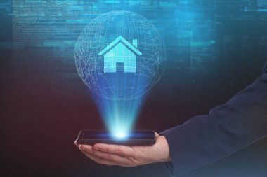 İş, teknoloji, Internet ve ağ kavramı. Geleceğin sanal bir ekranda çalışan genç bir girişimci ve yazıt görür: 