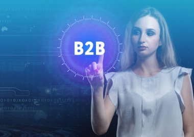 İş, teknoloji, Internet ve ağ kavramı. Geleceğin sanal bir ekranda çalışan genç bir girişimci ve yazıt görürse: B2b
