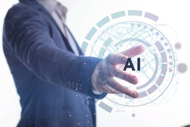 İş, teknoloji, Internet ve ağ kavramı. Geleceğin sanal bir ekranda çalışan genç bir girişimci ve yazıt görür: Ai