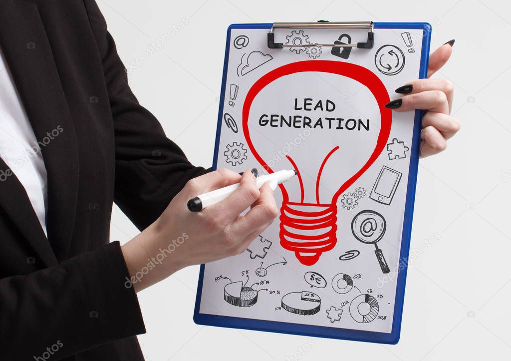 Business, technology, internet and networking concept. Young entrepreneur showing keyword: Lead generation