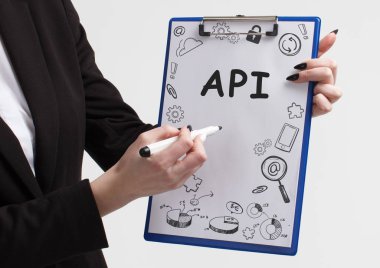 İş, teknoloji, internet ve ağ kavramı. Anahtar kelime gösterilen genç girişimci: API