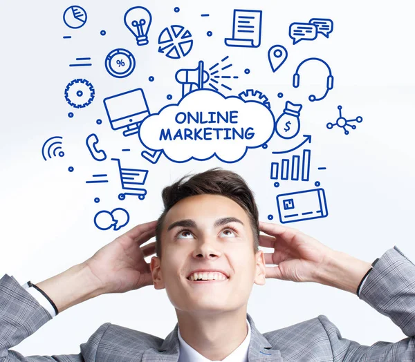 Koncepcja Biznesu Technologii Internet Sieć Młody Przedsiębiorca Myśli Online Marketing — Zdjęcie stockowe
