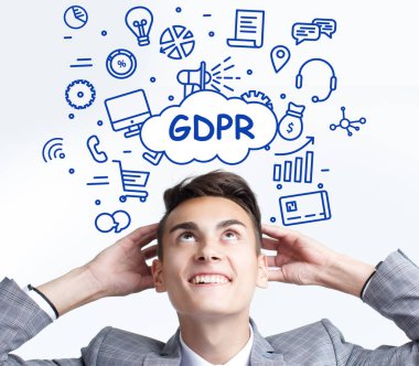 İş, teknoloji, internet ve ağ kavramı. Genç girişimci düşündüm: Gdpr