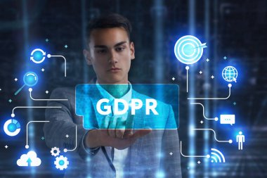 İş, teknoloji, Internet ve ağ kavramı. Geleceğin sanal bir ekranda çalışan genç bir girişimci ve yazıt görür: