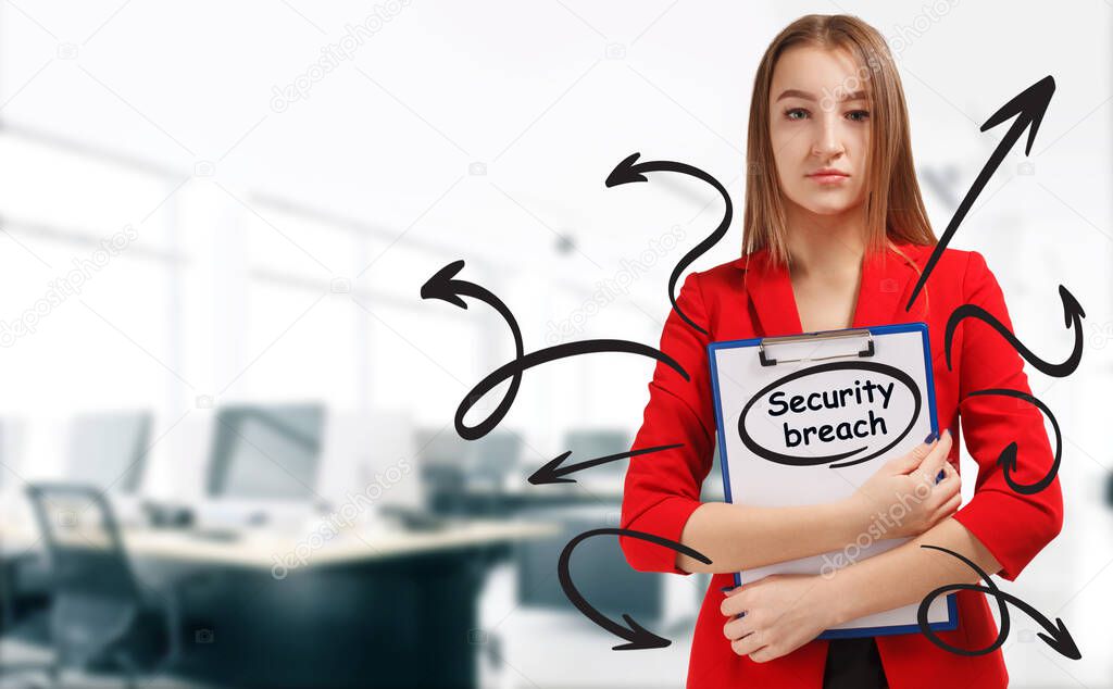 Business, technology, internet and network concept. Young businessman shows a keyword: Security breach