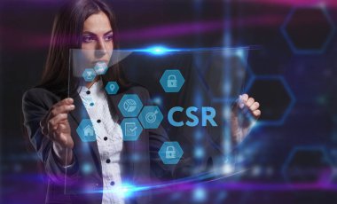 İş, Teknoloji, İnternet ve ağ konsepti. Genç işadamı geleceğin sanal ekranı üzerinde çalışıyor ve yazıyı görüyor.: 