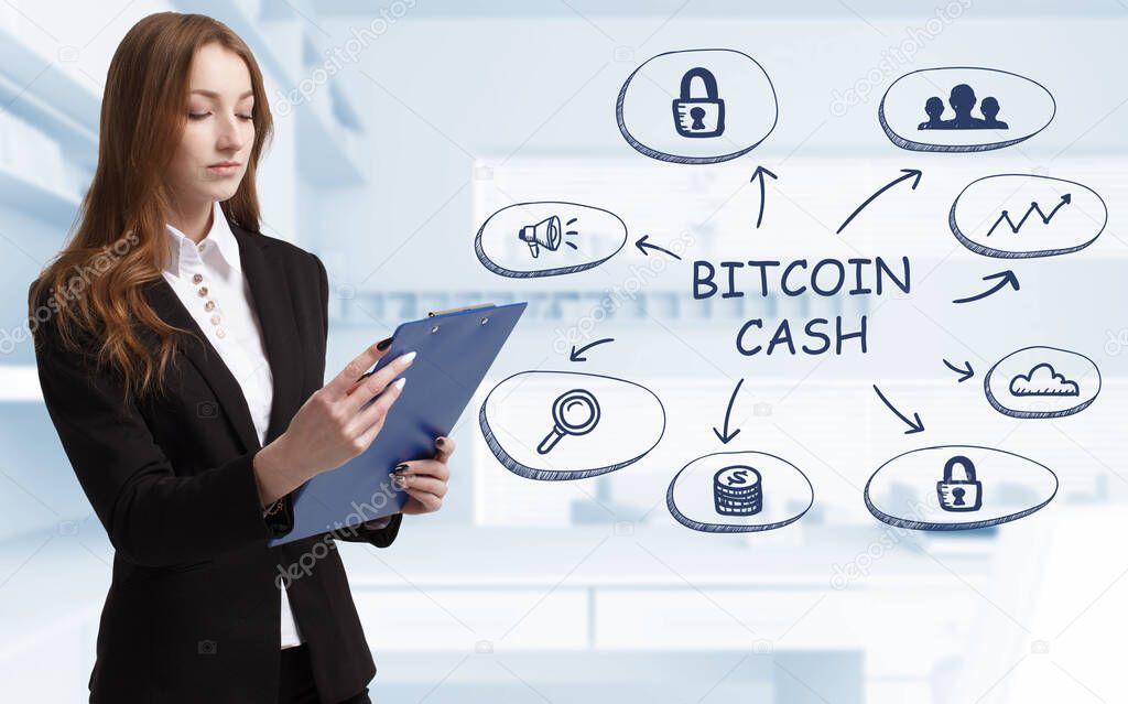 Business, technology, internet and network concept. Young businessman thinks over the steps for successful growth: Bitcoin cash