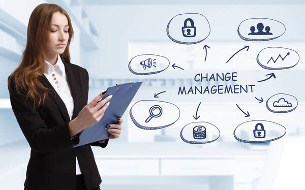 Business, technology, internet and network concept. Young businessman thinks over the steps for successful growth: Change management