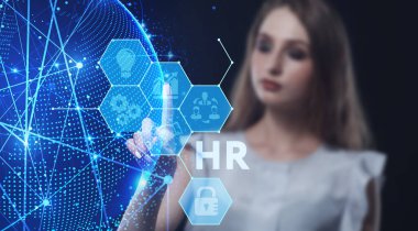 İş, Teknoloji, İnternet ve ağ konsepti. Genç işadamı geleceğin sanal ekranı üzerinde çalışıyor ve yazıyı görüyor: