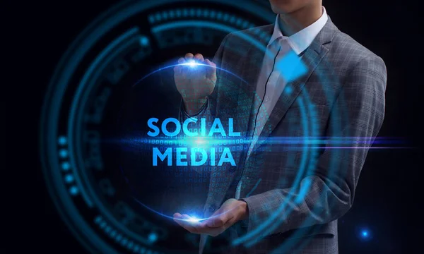 Üzleti Technológiai Internet Hálózati Koncepció Fiatal Üzletember Dolgozik Egy Virtuális — Stock Fotó