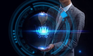 İş, Teknoloji, İnternet ve ağ konsepti. Genç işadamı geleceğin sanal ekranı üzerinde çalışıyor ve yazıyı görüyor.: 