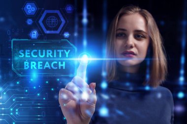 İş, Teknoloji, İnternet ve ağ konsepti. Genç işadamı geleceğin sanal ekranı üzerinde çalışıyor ve yazıyı görüyor.: 