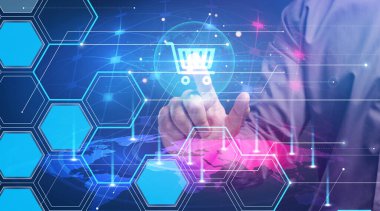 İş, Teknoloji, İnternet ve ağ konsepti. Genç işadamı geleceğin sanal ekranı üzerinde çalışıyor ve yazıyı görüyor.: 