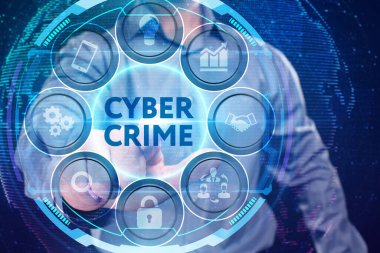 İş, Teknoloji, İnternet ve ağ konsepti. Genç işadamı geleceğin sanal ekranı üzerinde çalışıyor ve yazıyı görüyor.: 